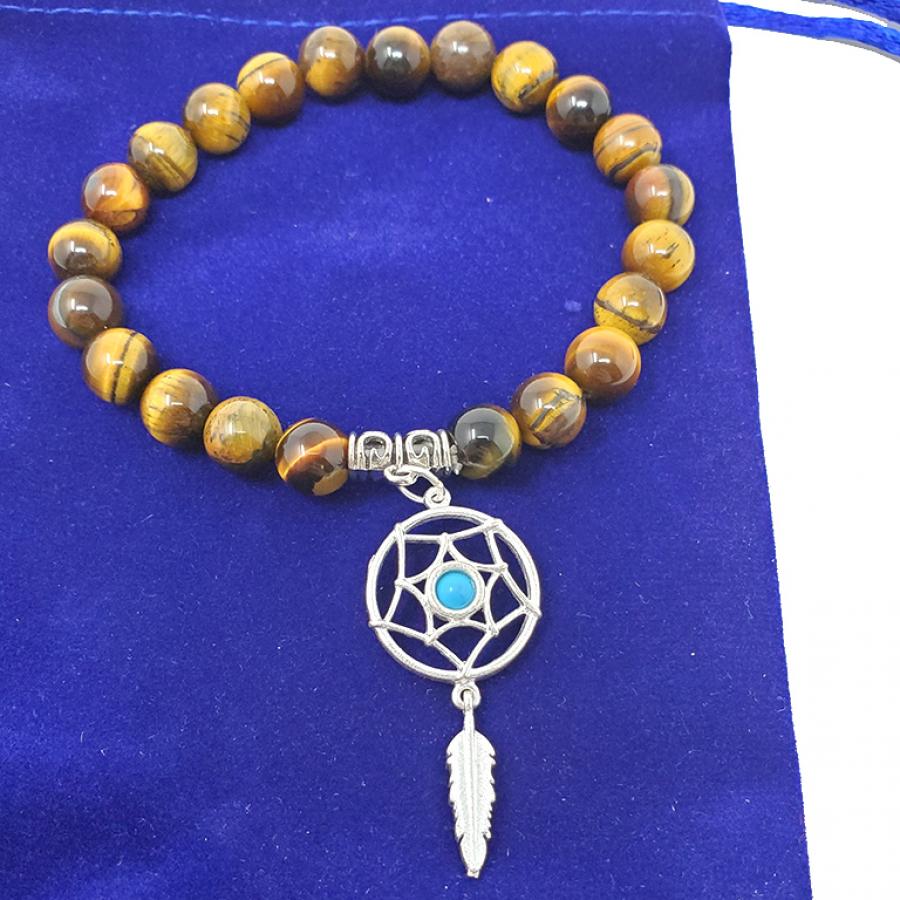 Tiger Eye Gem Stone Bracelet with Dream Catcher Charm w/ Velvet Bag.