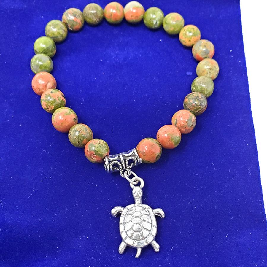 Unakite Jasper Gem Stone Bracelet with Turtle Charm w/ Velvet Bag