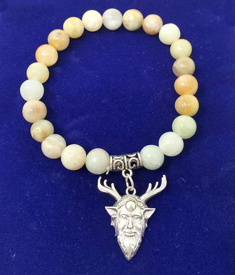 Amazonite Gem Stone Bracelet with Green Man Charm w/ Velvet Bag