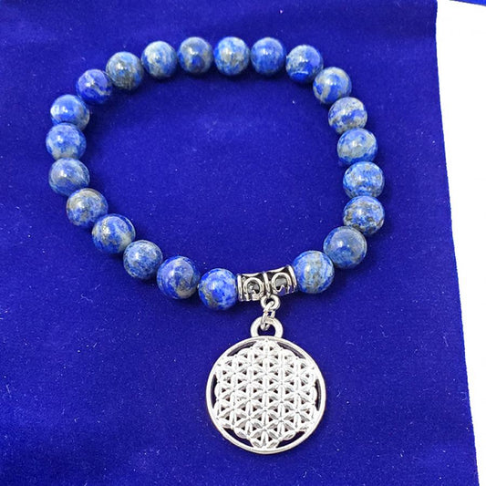 Lapis Gem Stone Bracelet with Flower of Life Charm w/ Velvet Bag