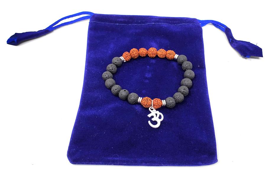Rudraksha Bead & Lava Bead Gemstone Bracelet with Om charm w/ Velvet Bag