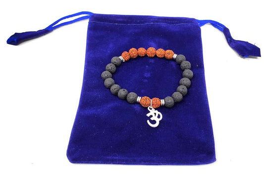 Rudraksha Bead & Lava Bead Gemstone Bracelet with Om charm w/ Velvet Bag